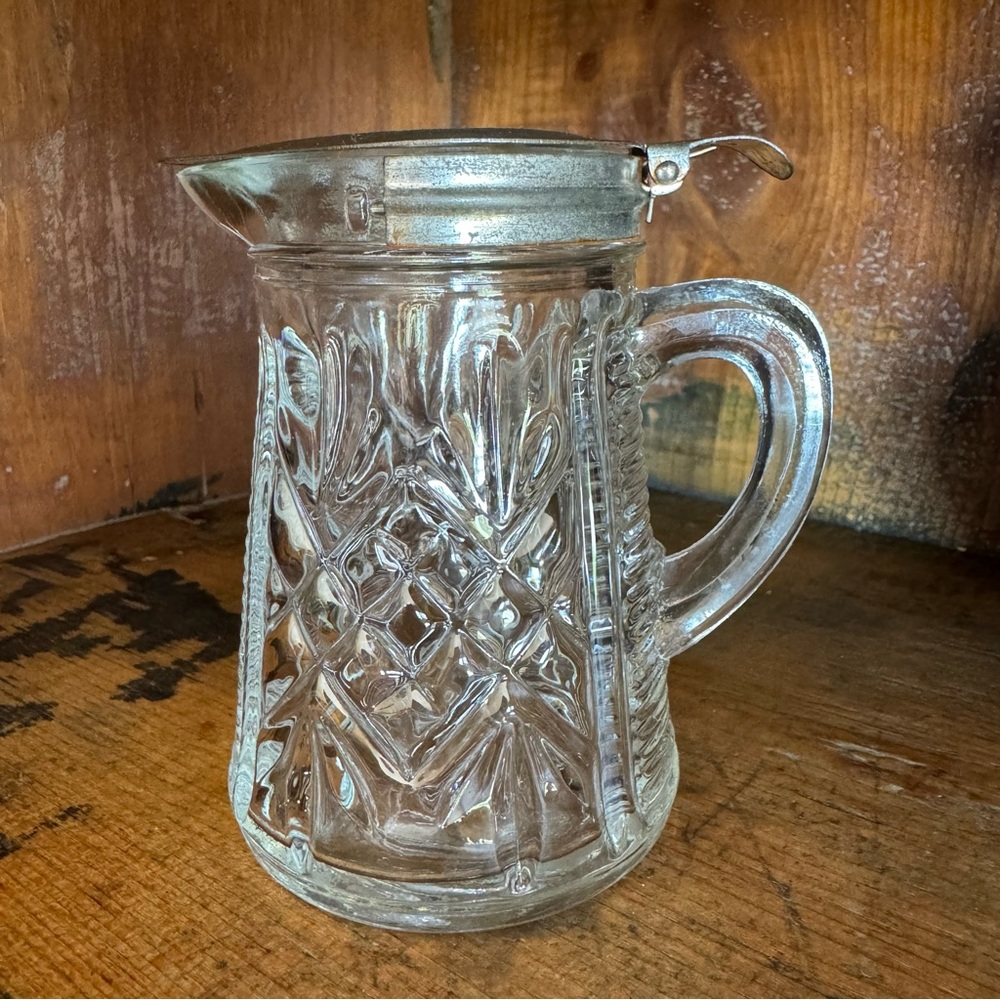 Vintage Glass Syrup Pitcher with Pewter Lid